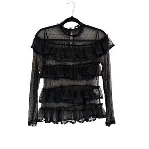 Danity Paris Blouse S Black Polka Dot Sheer Ruffles Whimsigoth Victorian Witchy